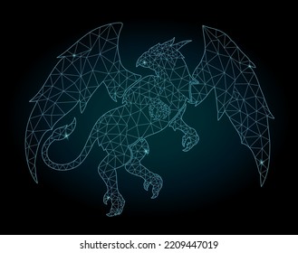 Beautiful cosmic low poly vector illustration with colorful blue decorative griffin silhouette