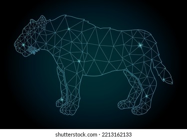 Beautiful cosmic low poly vector illustration with colorful blue shiny geometric wild cat silhouette on the dark background