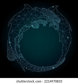 Beautiful cosmic low poly vector illustration with colorful blue shiny dragon frame on the dark background