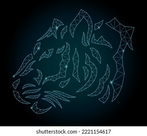 Beautiful cosmic low poly vector illustration with blue shiny tiger head on the dark background