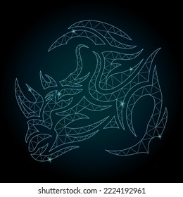 Hermosa ilustración cosmica vectorial de poli bajo con colorida cabeza de rinoceronte decorativa brillante azul en el fondo oscuro