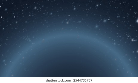 Hermosa ilustración cósmica del cielo nocturno con una curva de planeta azul degradado, estrellas y cometas distantes. Ideal para temas de ciencia ficción, galaxia o espacio.