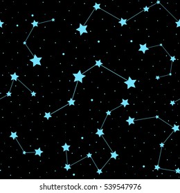 Beautiful cosmic space astronomy vector seamless pattern with stars and constellations on night starry sky. Decorative endless texture