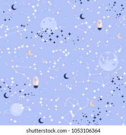 Beautiful Cosmic Space Vector Seamless Pattern With Stars And Constellations On Night Starry Sky. Decorative Endless Texture. You Can Use Any Color Of Background. Full Moon. Constellation. Rocket