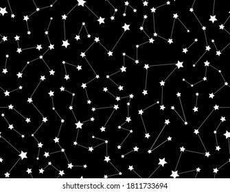 Beautiful cosmic space vector seamless pattern with stars and constellations on night starry sky. Decorative endless texture