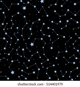 Beautiful cosmic space vector seamless pattern with stars and constellations on night starry sky. Decorative endless texture