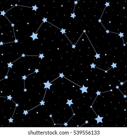 Beautiful cosmic space vector seamless pattern with stars and constellations on night starry sky. Decorative endless texture. You can use any color of background