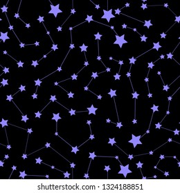Beautiful cosmic vector seamless pattern with handwritten stars and constellations on night starry sky
