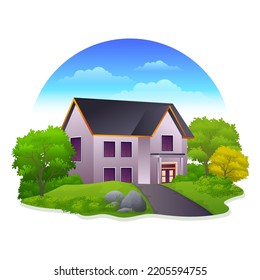 Beautiful cottage houses with summer green yard, trees and blue sky