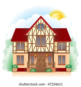 A beautiful Cottage, vector image. Detailed drawing.