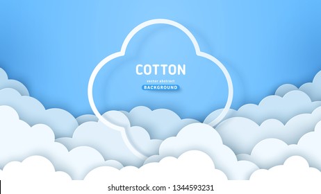 Beautiful cotton clouds with white frame on blue sky background. Vector illustration. Paper cut style. Place for text