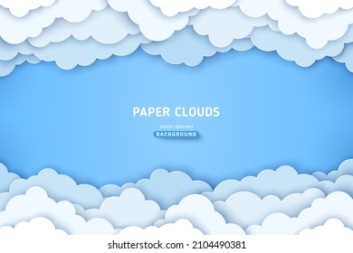 Beautiful cotton clouds, white frame border on blue sky background. Vector illustration. Paper cut style. Place for text