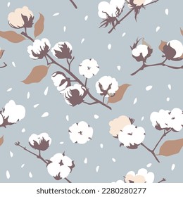 Beautiful cotton pattern. Vector seamless illustration. Natural cotton flower plants, fluffy balls, branches.