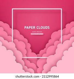 Beautiful cotton pink clouds with white square frame on dawn sky background. Vector illustration. Paper cut style. Place for text. Happy Valentine's day pastel backdrop, baby girl fantasy dream