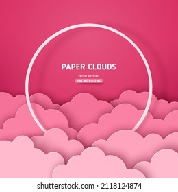 Beautiful cotton pink clouds with white round frame on dawn sky background. Vector illustration. Paper cut style. Place for text. Happy Valentine's day pastel backdrop, baby girl fantasy poster