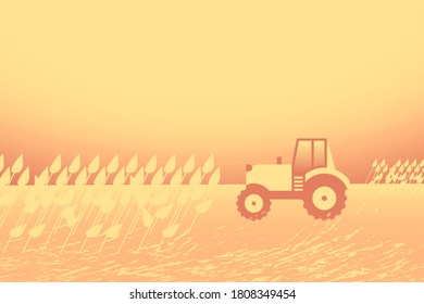 Schöne Landschaftsfelder, Vektorgrafik mit Traktor. Ernte auf sonnigem Hintergrund. EPS10.
