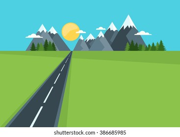 Beautiful country highway in field and mountains. Rural nature, flat style illustration. Summer or spring green landscape background with space for text. Travel and safety traffic concept. 
