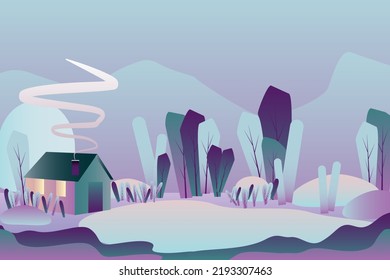 Beautiful country house with abstract garden and forest. Rural colorful landscape. Design for the development of web design, graphics of the natural landscape. Cartoon vector illustrations.