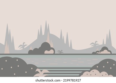 Beautiful country house with abstract garden and forest. Rural colorful landscape. Design for the development of web design, graphics of the natural landscape. Cartoon vector illustrations.
