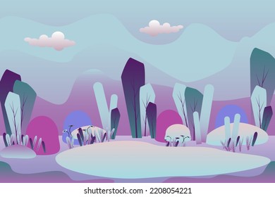 Beautiful country house with abstract garden and forest. Rural colorful landscape. Design for the development of web design, graphics of the natural landscape. Cartoon vector illustration.