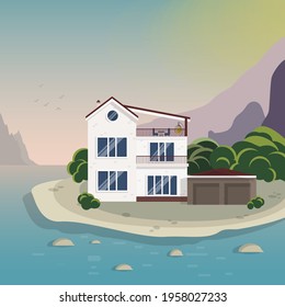  beautiful country house by the sea, summer sunset. illustration from simple shapes, suitable for banners and websites on the theme of summer holidays, greeting cards, visualization.