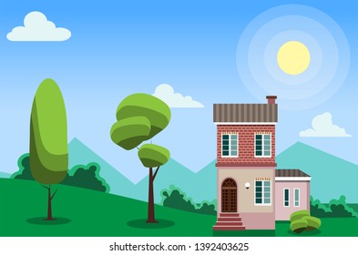 Beautiful country house with trees on the background of the mountains. Loft-style house in the nature.