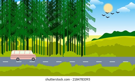 Beautiful country landscape. The bus rides along the highway against the background of coniferous trees, bushes, fields, hills, forests, sky with the sun, clouds, flying birds. Cartoon design. Vector.