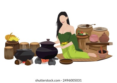 Beautiful country woman in green Thai dress cooking traditional food