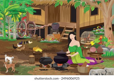 Beautiful country woman in green Thai dress sitting and cooking traditional food in front of straw hut.vector design