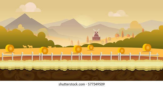 beautiful countryside farm background for games with green mountains, farm house, and wooden fence with seamless background for games
