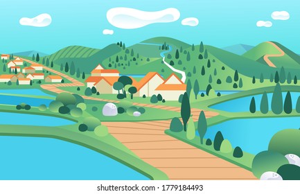 beautiful countryside landscape with mountains, hills, lake, houses and road vector illustration. used for poster, website image, info graphic and other