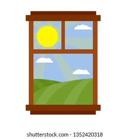 Beautiful countryside landscape from window with sun, blue sky. Element of interior of a country house. Life in the village. Green hills and a wooden frame with glass. Cartoon flat illustration