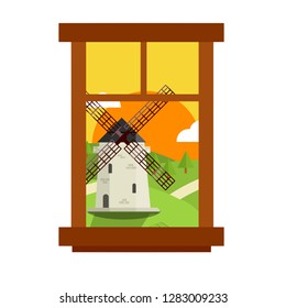Beautiful countryside landscape from the window with sunset and windmill. Element of the interior of a country house. Life in the village. Green hills and a wooden frame with glass. Cartoon flat illus