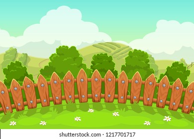 Beautiful countryside landscape with wooden fence, grass, trees, hills and cloudy sky. Cartoon vector outdoor illustration.