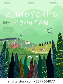 El hermoso paisaje, la naturaleza y el paisaje. Ilustración vectorial de montañas, árboles, plantas, campos y granjas. Trabajo editable para diseños de portada o tarjetas.