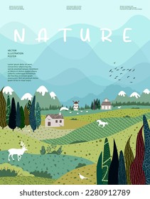 El hermoso paisaje, la naturaleza y el paisaje. Ilustración vectorial de montañas, árboles, plantas, campos y granjas. Trabajo editable para diseños de portada o tarjetas.