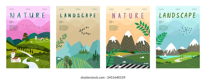 Beautiful countryside, nature and landscape. Vector illustration of mountains, trees, plants, fields and farms. Editable work for cover or card designs.