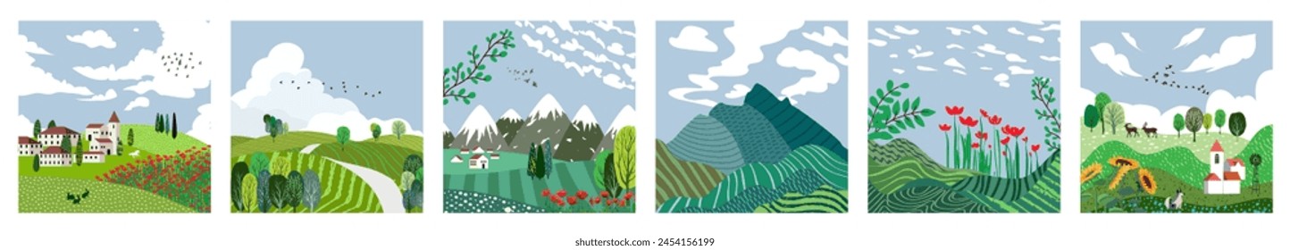 Beautiful countryside, nature and landscape. Vector illustration of mountains, trees, plants, fields and farms. Editable work for cover or card designs.