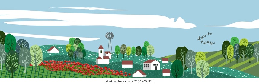 Beautiful countryside, nature and landscape. Vector illustration of mountains, trees, plants, fields and farms. Editable work for cover or card designs.