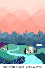 Beautiful countryside, nature and landscape. Vector illustration of mountains, trees, plants, fields and farms. Editable work for cover or card designs.