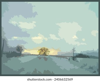 Beautiful countryside with road and tree against blue sky. Natural background in cold tones for prints and fabric products, posters or interiors, wallpaper or textiles, covers, postcards, etc. Vector