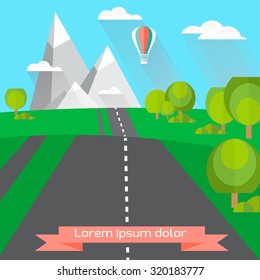 Beautiful countryside with snow mountains and blue sky. Beautiful nature. Road To The Mountain. Vector flat design illustration