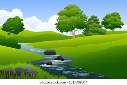 beautiful countryside with stream in meadow