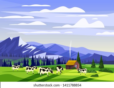 Beautiful countryside summer landscape, herd of cows valley rural farm house, green hills, mountain, bright color blue sky, meadows with mountains panorama in trendy cartoon flat style