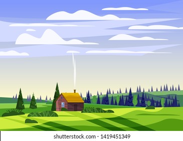 Beautiful countryside summer landscape, valley rural farm house, green hills, bright color blue sky, meadows with mountains panorama horizon in trendy cartoon flat style and bright colors. Vector