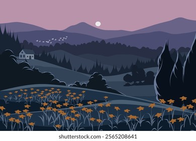 Beautiful countryside sunrise landscape illustration