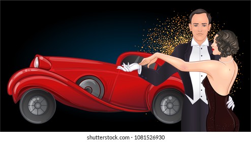 Beautiful couple in art deco style dancing tango. Retro fashion: glamour man and woman of twenties and red car. Vector illustration. Roaring Twenties. Classic automobile, luxury vintage concept.