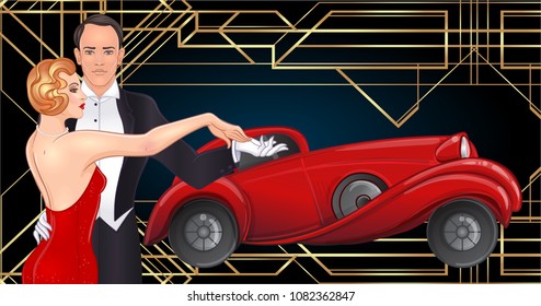 Beautiful Couple In Art Deco Style Dancing Tango. Retro Fashion: Glamour Man And Woman Of Twenties And Red Car. Vector Illustration. Roaring Twenties. Classic Automobile, Luxury Vintage Concept.