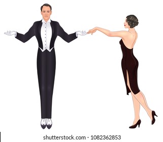 Beautiful couple in art deco style dancing tango. Retro fashion: glamour man and woman of twenties. Vector illustration. Flapper 20's style. Vintage party or thematic wedding invitation template.
