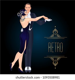 Beautiful couple in art deco style dancing tango. Retro fashion: glamour man and woman of twenties. Vector illustration. Flapper 20's style. Vintage party or thematic wedding invitation template.
